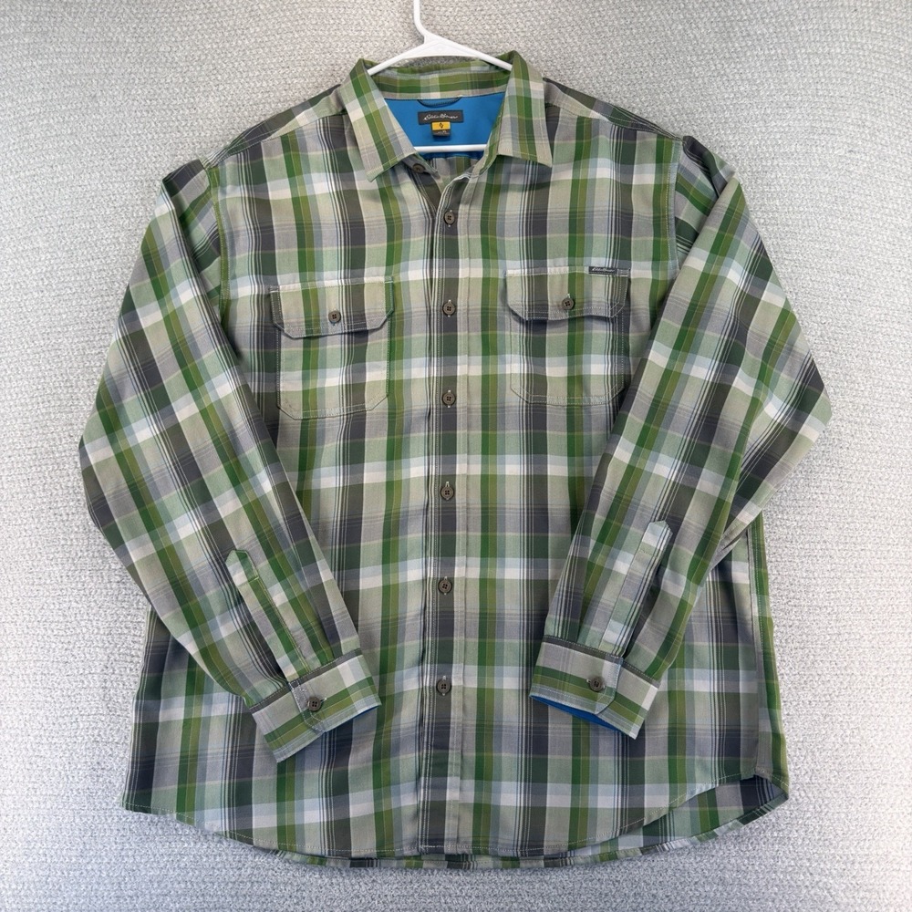 Eddie Bauer Travex Flannel Shirt Mens XL Green Plaid Long Sleeve Outdoor Hiking